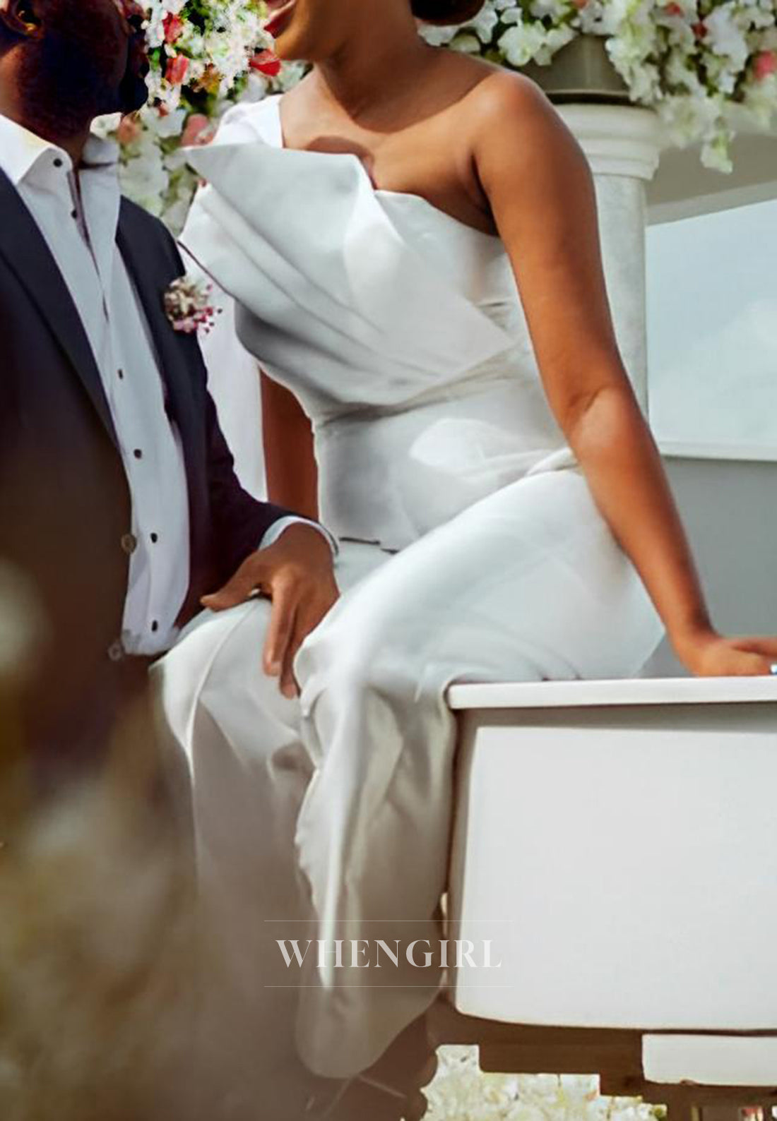 Satin Jumpsuit One Shoulder Pleated Sleeveless Wedding Dress