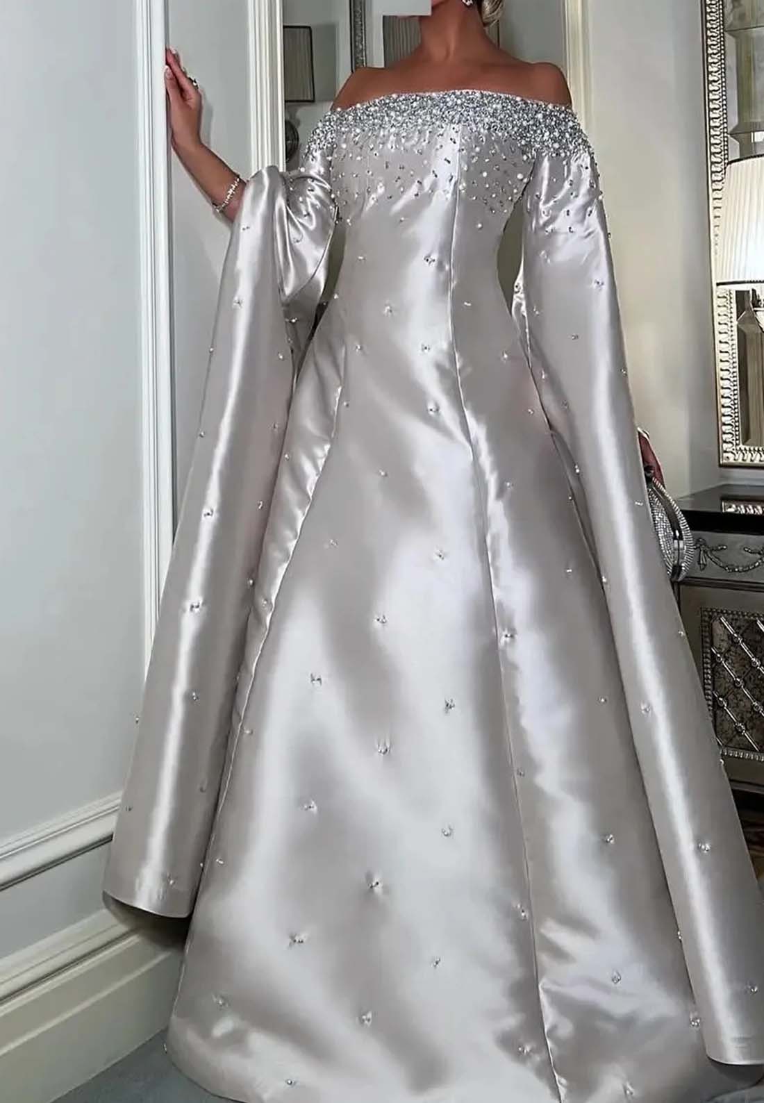 Silver Off Shoulder Beaded Sheath Bell Sleeves Long Formal Evening Dress