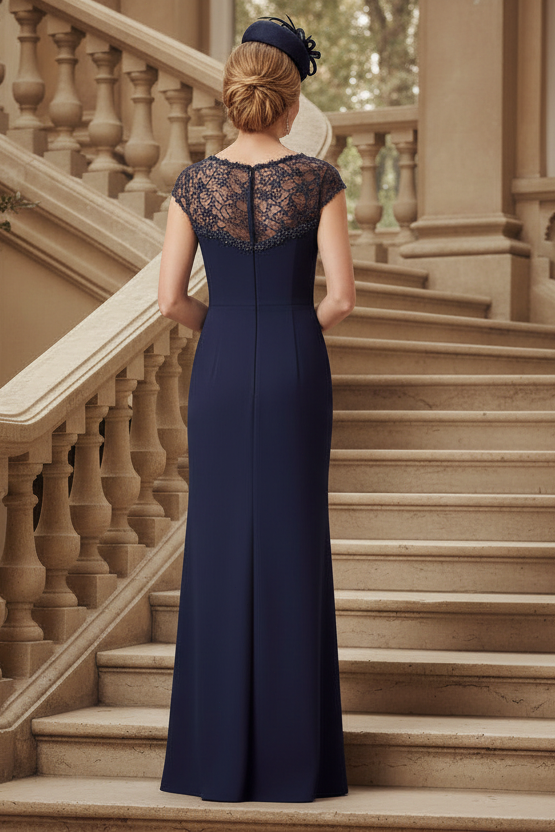 Navy Bateau Neck Cap Sleeves Column Floor Length Mother of the Bride Dress