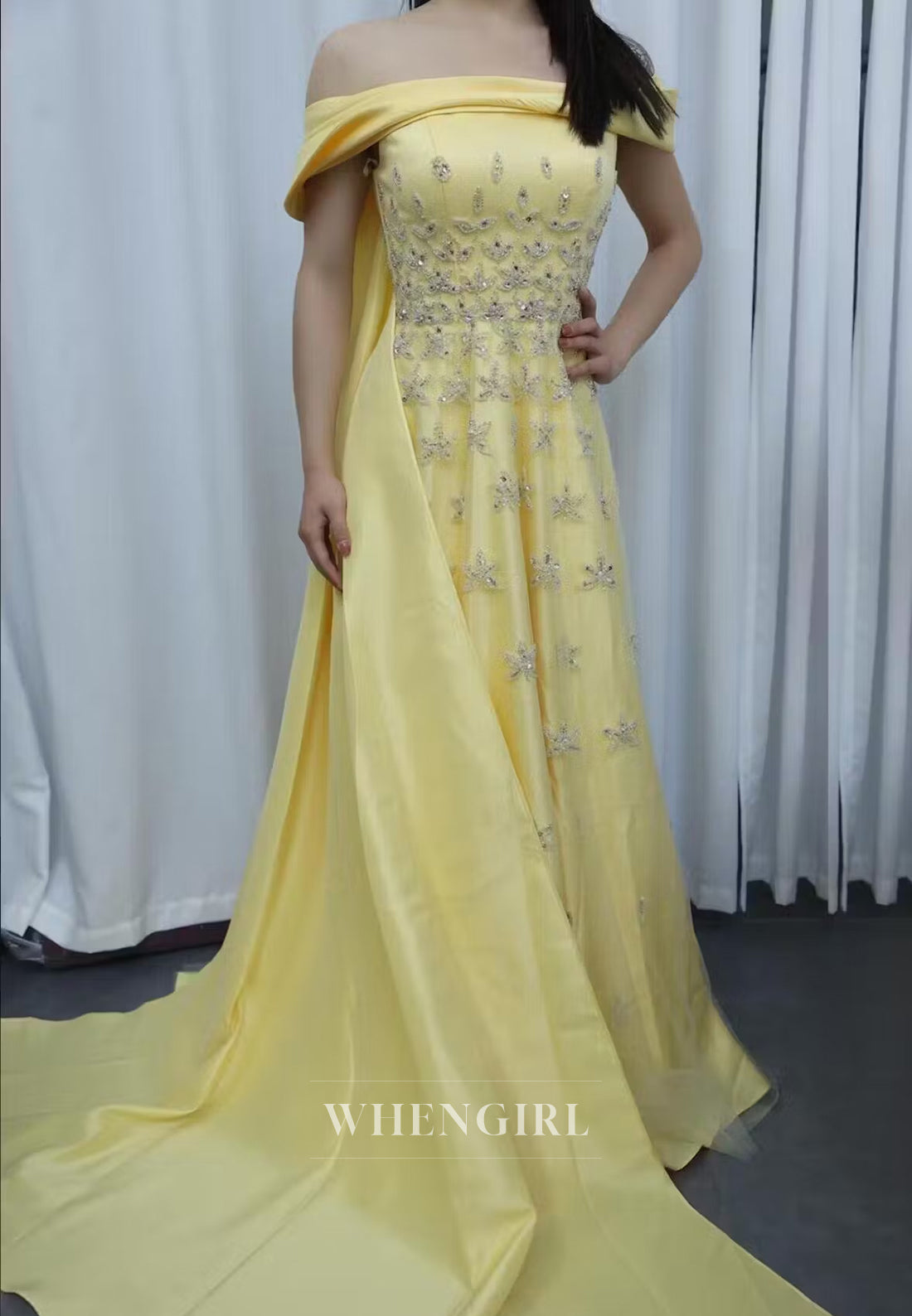 Off Shoulder Beaded Pleated Back Zipper A-Line Formal Evening Gown with Train