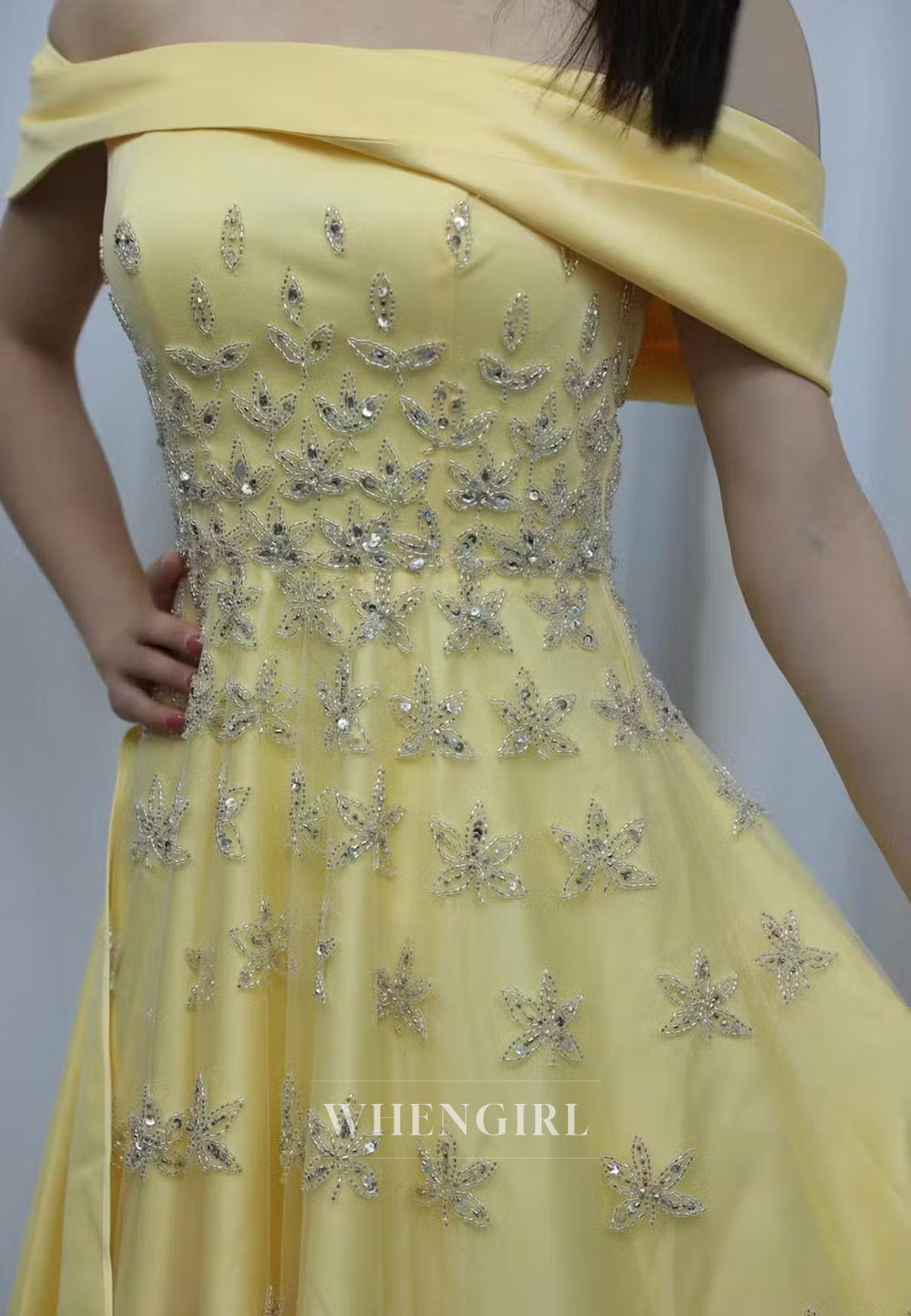 Off Shoulder Beaded Pleated Back Zipper A-Line Formal Evening Gown with Train