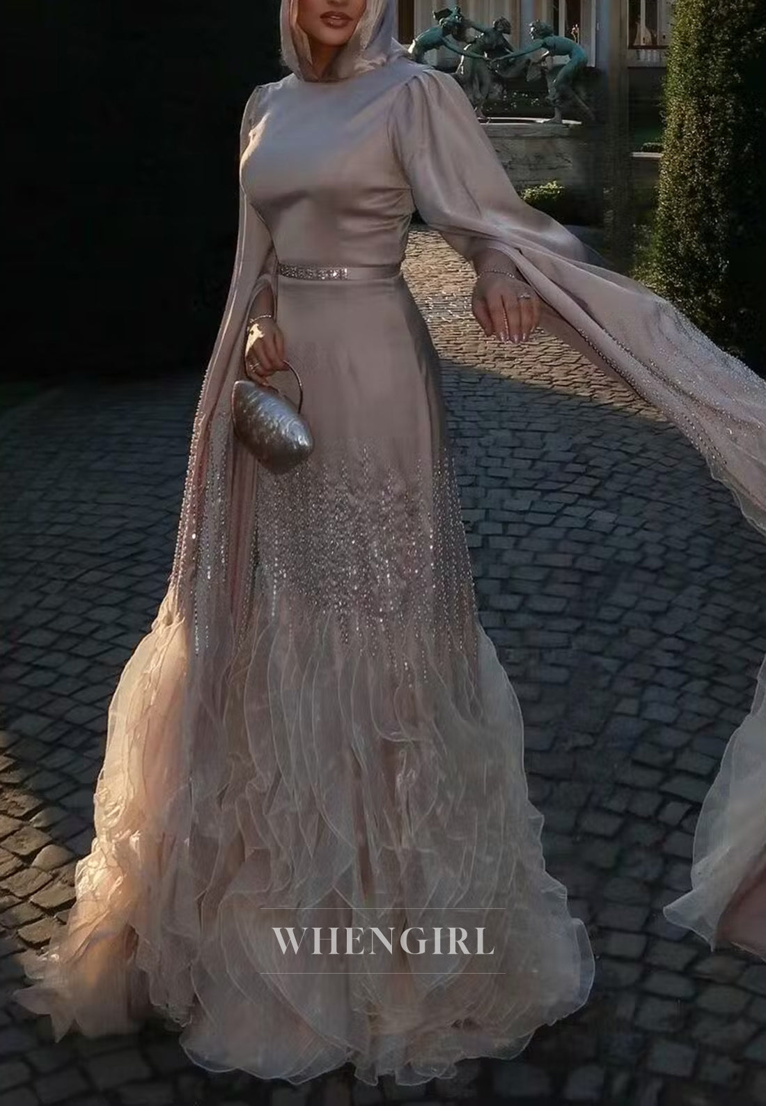 Sheath Bateau Neck Long Sleeves Beaded Ruffles Back Zipper Evening Formal Dress