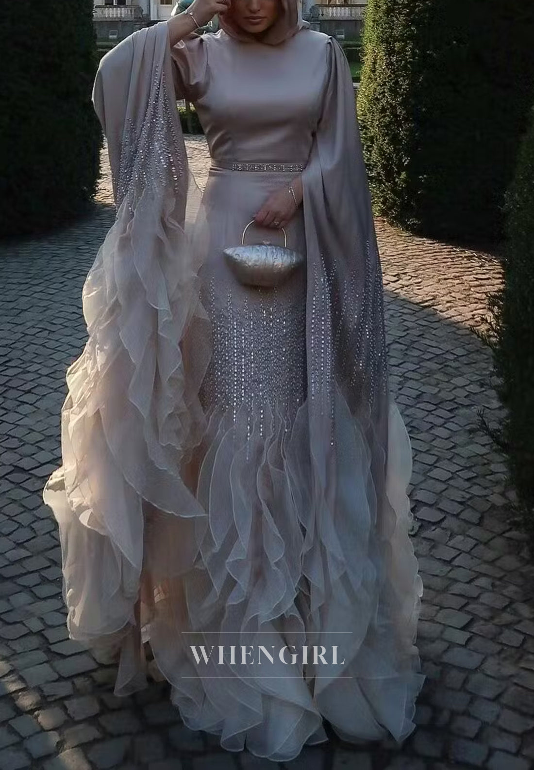 Sheath Bateau Neck Long Sleeves Beaded Ruffles Back Zipper Evening Formal Dress