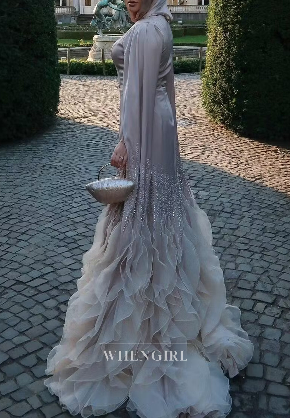 Sheath Bateau Neck Long Sleeves Beaded Ruffles Back Zipper Evening Formal Dress