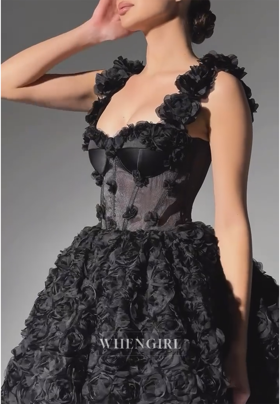 Black A-Line Off Shoulder Floral Sleeveless Tie Back Homecoming Dress