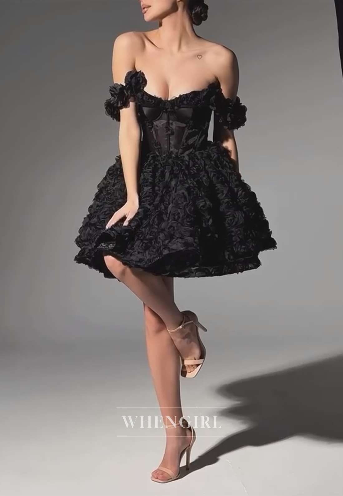 Black A-Line Off Shoulder Floral Sleeveless Tie Back Homecoming Dress