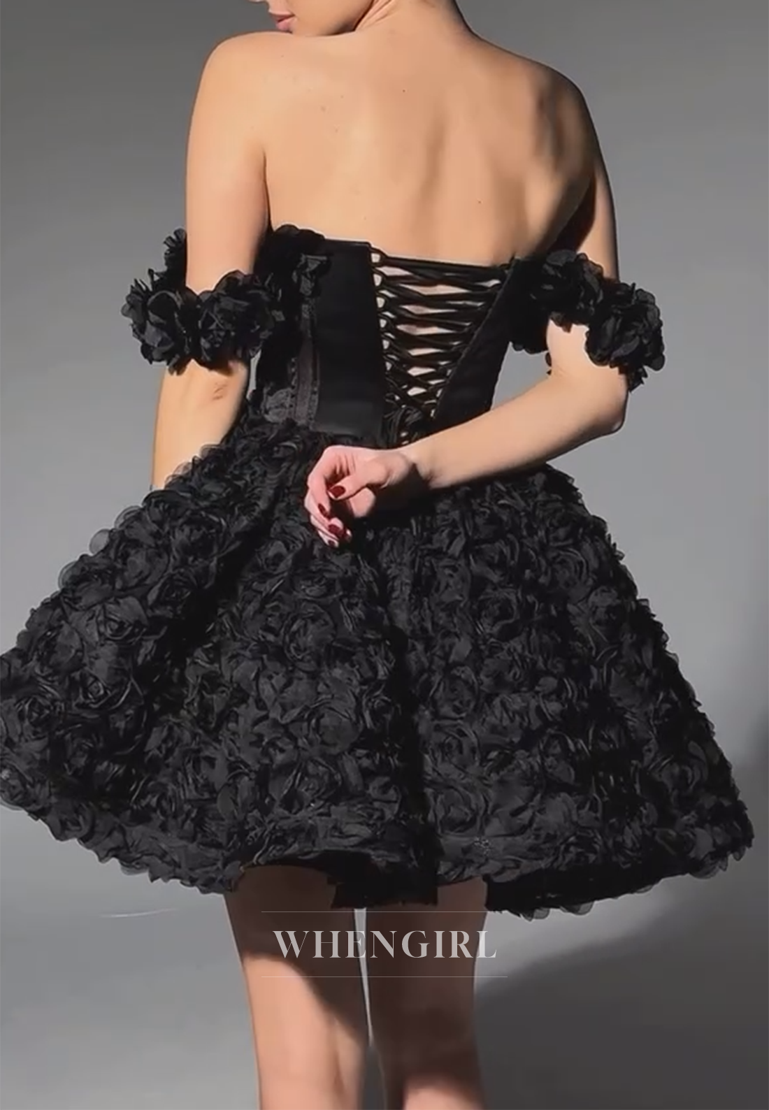 Black A-Line Off Shoulder Floral Sleeveless Tie Back Homecoming Dress