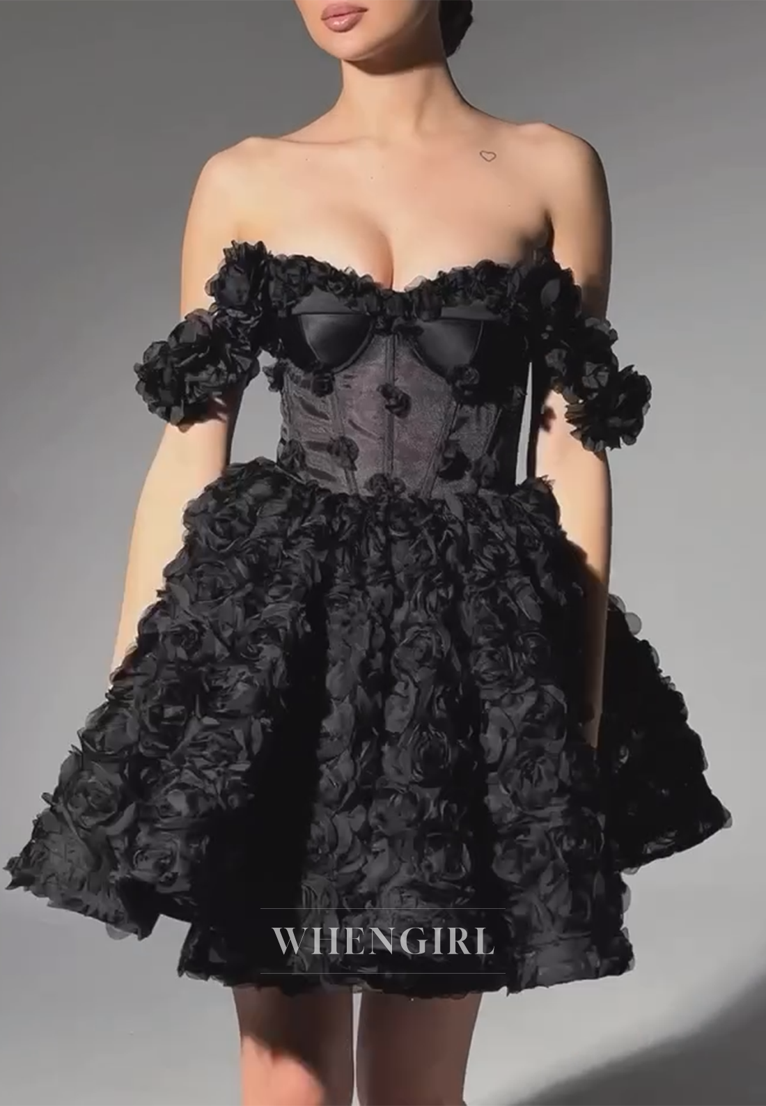 Black A-Line Off Shoulder Floral Sleeveless Tie Back Homecoming Dress