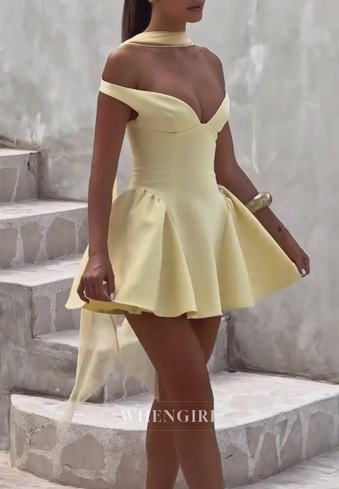 Yellow Sweetheart Off Shoulder Sleeveless A-Line Homecoming Dress