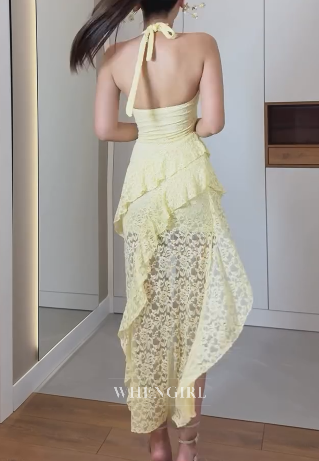 Yellow Halter Sleeveless Asymmetrical Hem Lace Sheath Homecoming Dress