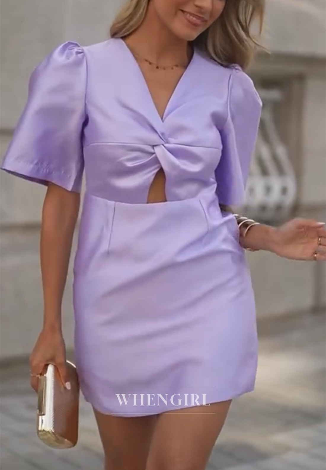 Violet Sheath V Neck Short Sleeves Cut Out Satin Homecoming Dress