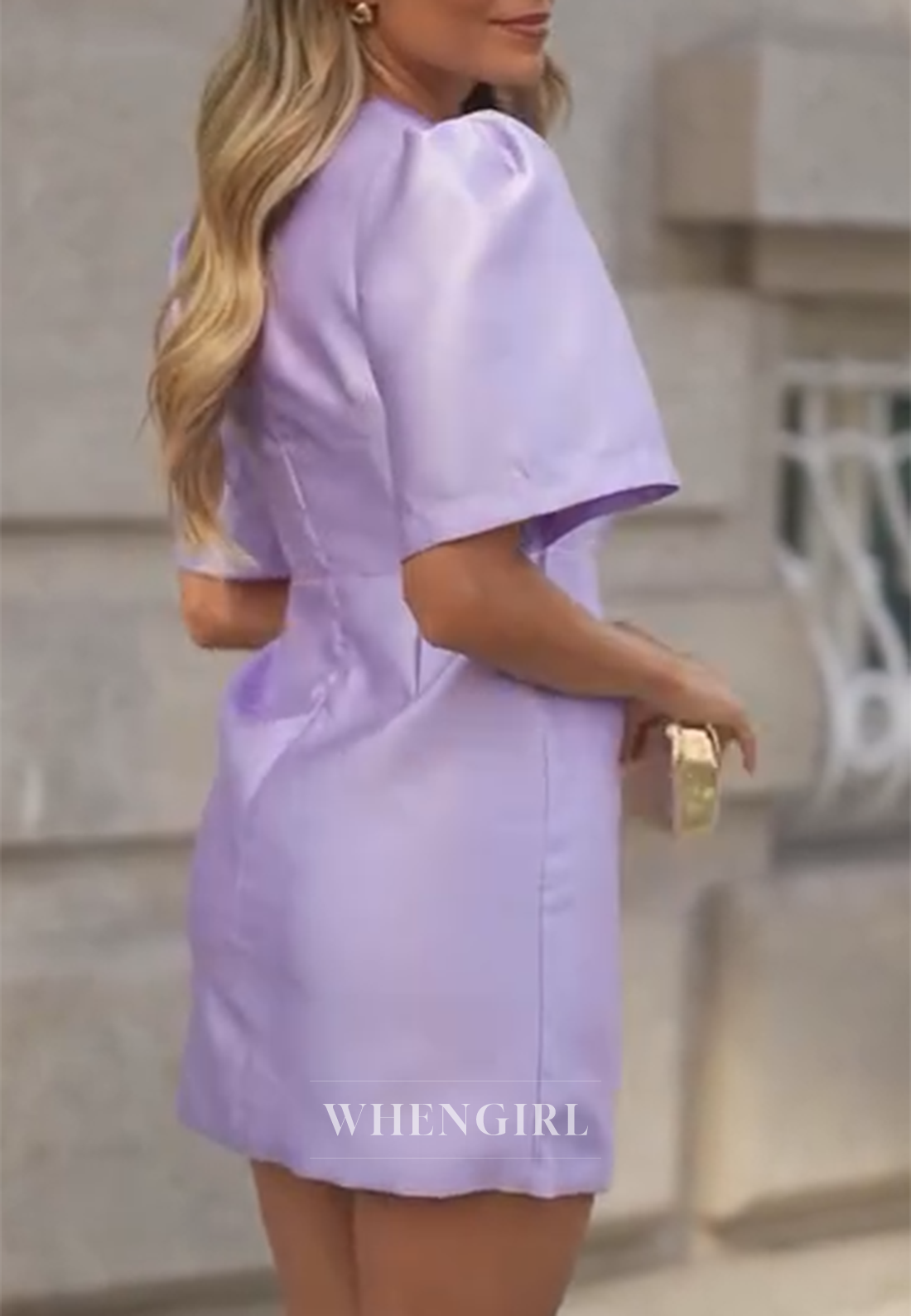 Violet Sheath V Neck Short Sleeves Cut Out Satin Homecoming Dress
