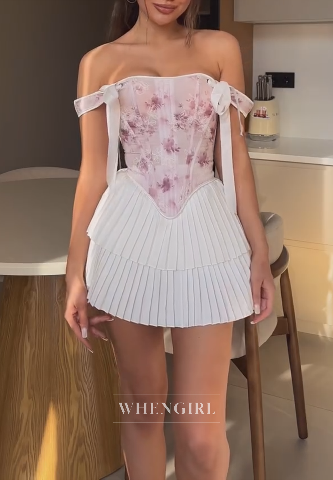 A-Line Off Shoulder Pleated Sleeveless Tie Back Homecoming Dress