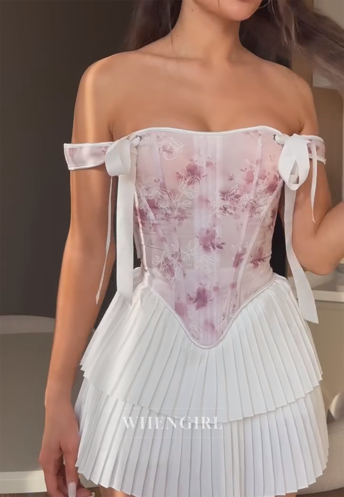 A-Line Off Shoulder Pleated Sleeveless Tie Back Homecoming Dress