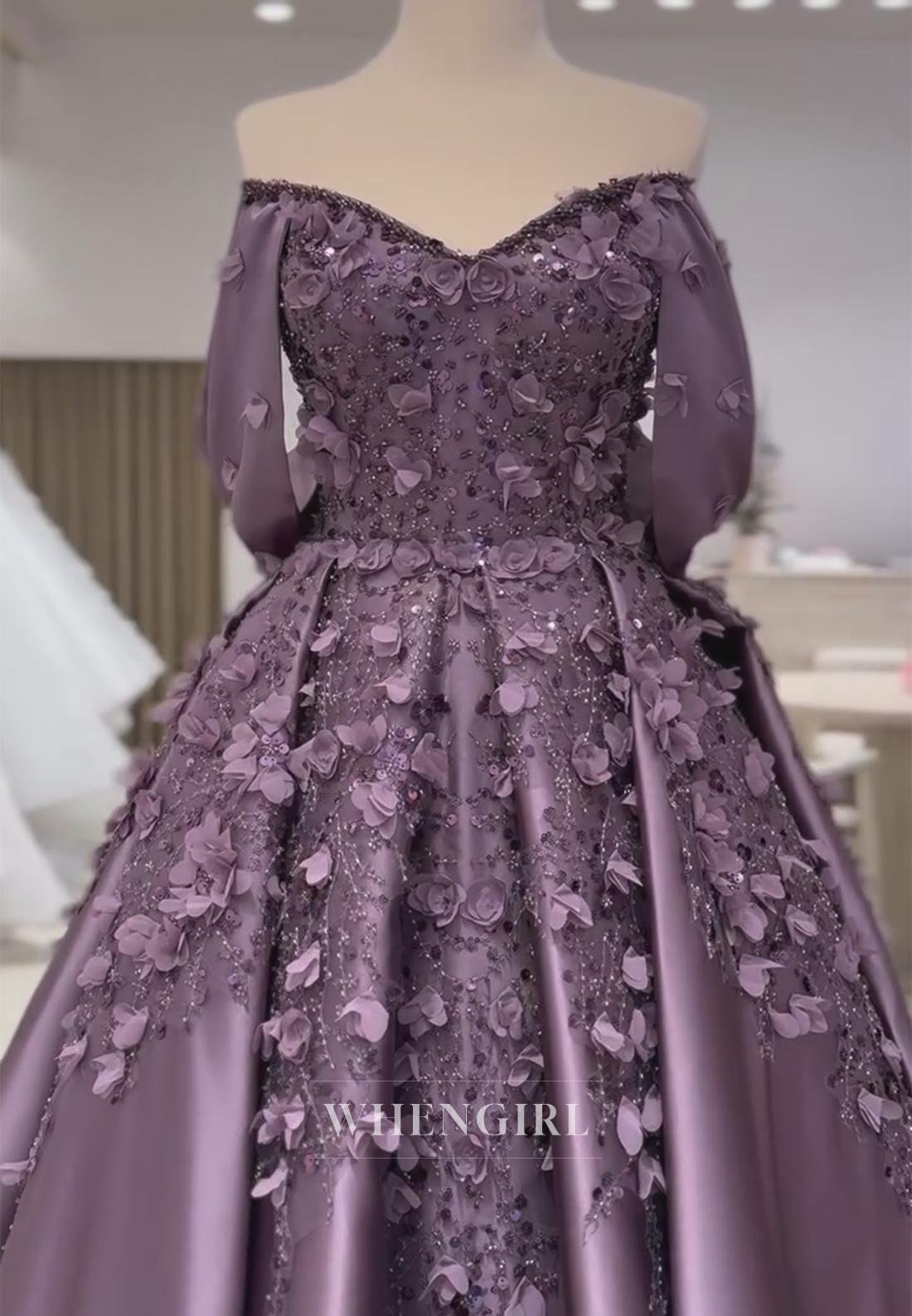 Grape Off Shoulder Floral Evening Dress A-Line Satin Formal Gown with Court Train