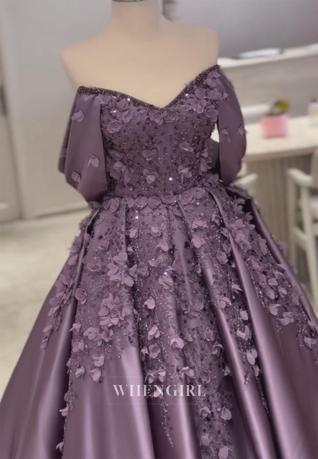 Grape Off Shoulder Floral Evening Dress A-Line Satin Formal Gown with Court Train