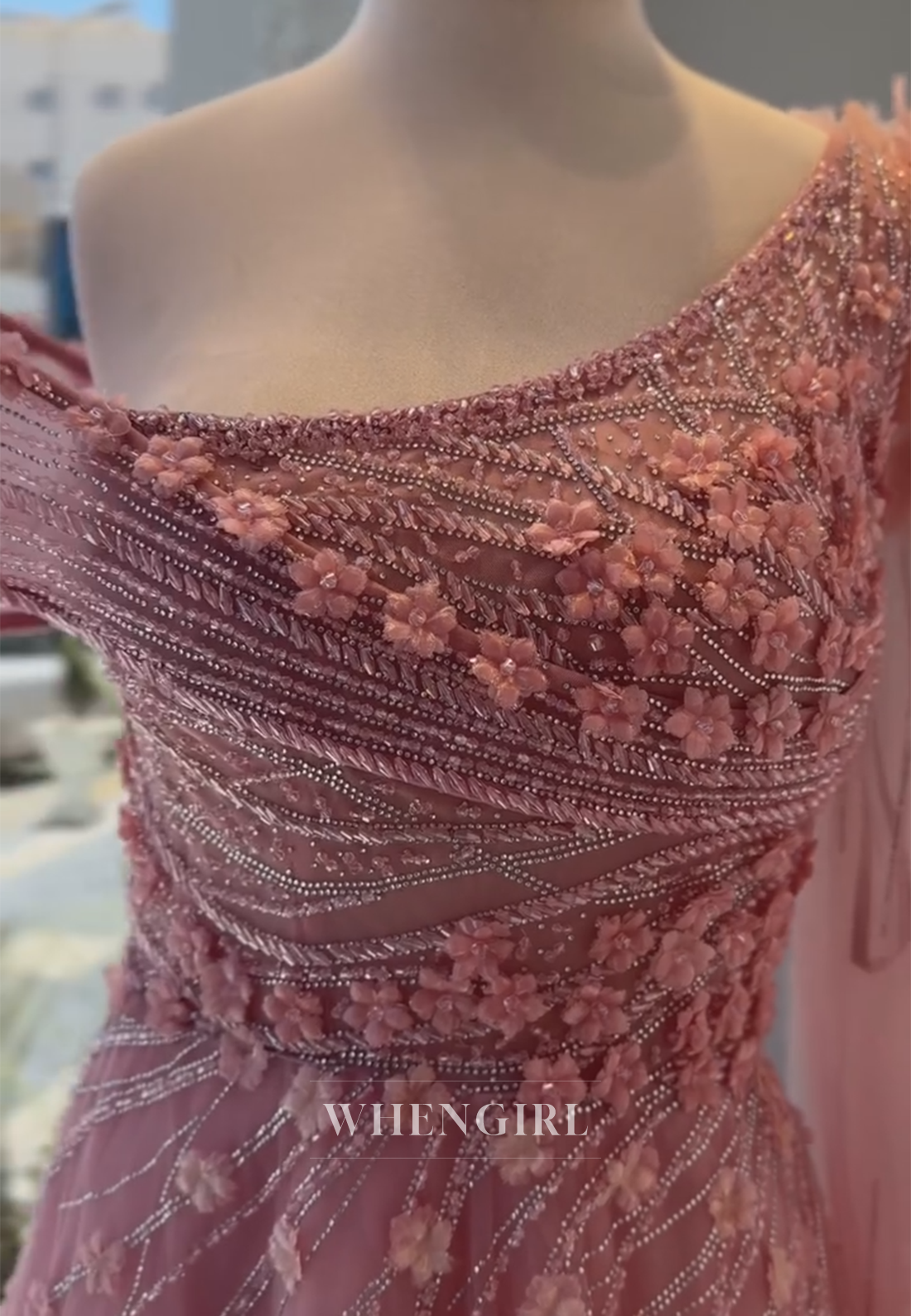 Dusty Pink Long Sleeve Beaded Flowers A-Line Formal Dress Tulle Floor Length Evening Dress