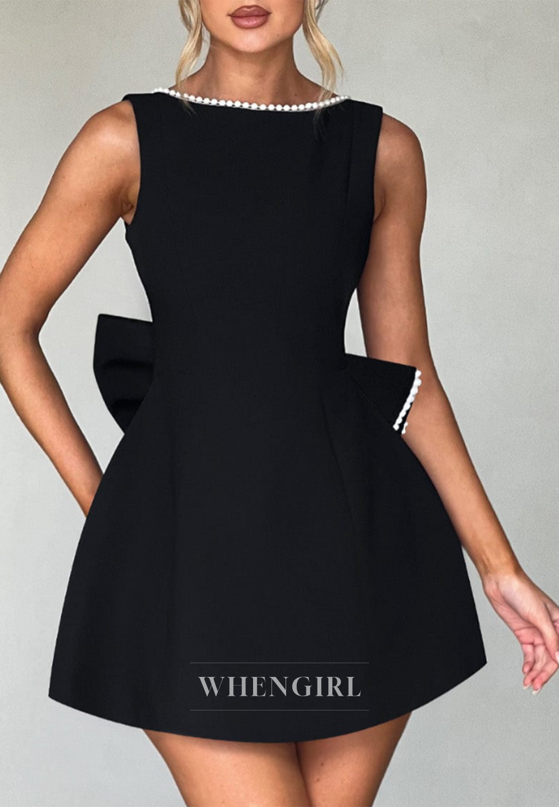 A-Line Sleeveless Bateau Neck Pearls Bowknot Low Back Homecoming Dress