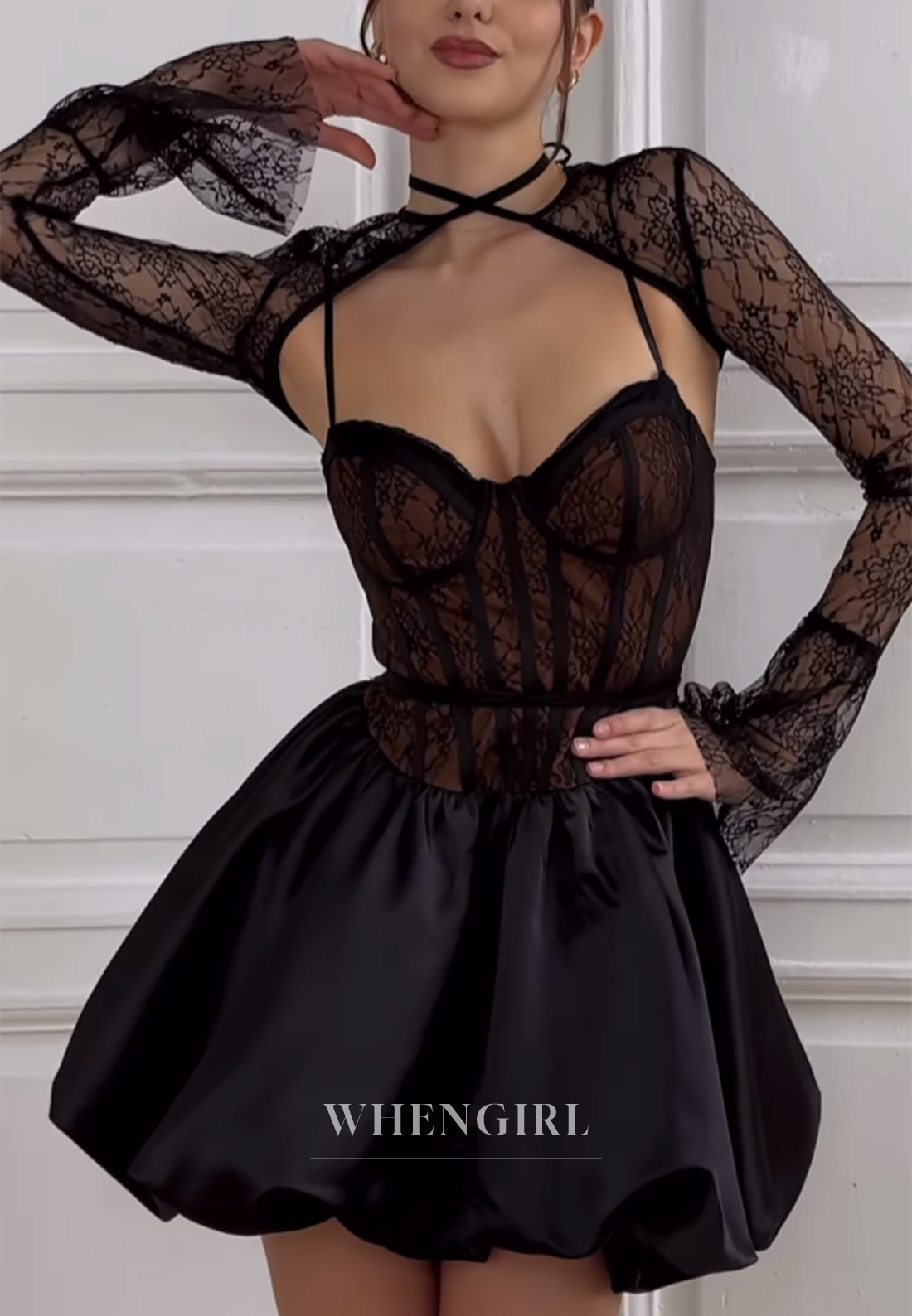 Black Cross Neck A-Line Embroidery Lace Long Sleeves Homecoming Dress – WhenGirl Black Cross Neck A-Line Embroidery Lace Long Sleeves Homecoming Dress – WhenGirl