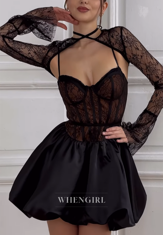 Black Cross Neck A-Line Embroidery Lace Long Sleeves Homecoming Dress