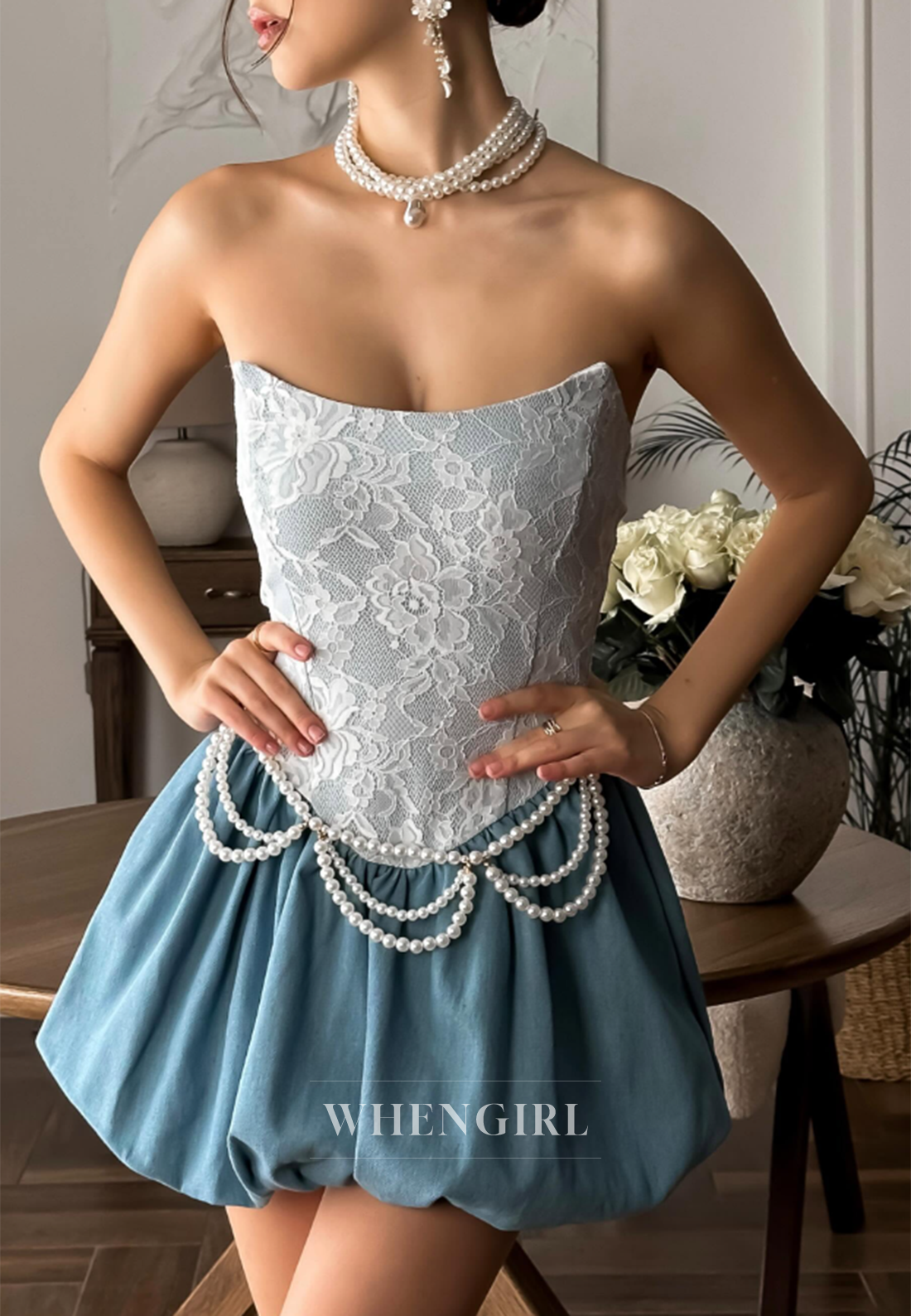 A-Line Tube Top Appliqued Lace Pearls Short Sleeveless Homecoming Dress