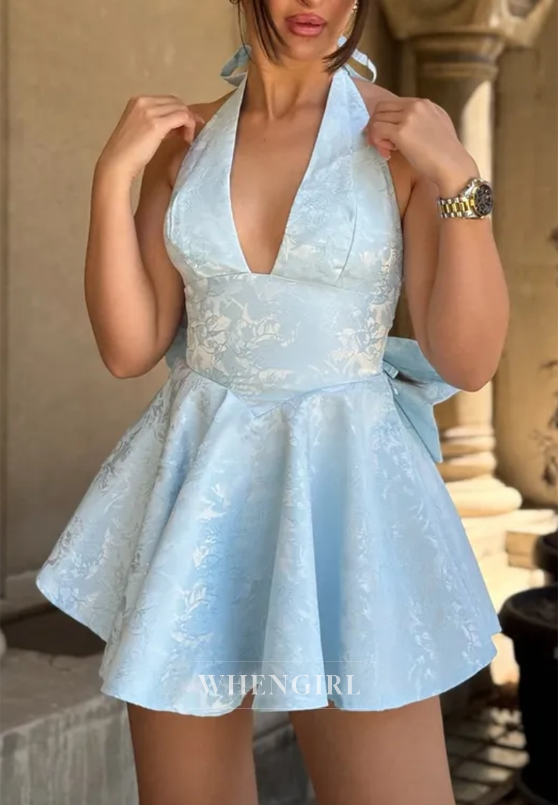 Halter V Neck Sleeveless A-Line Homecoming Dress Bowkot Lace Up Party Dress