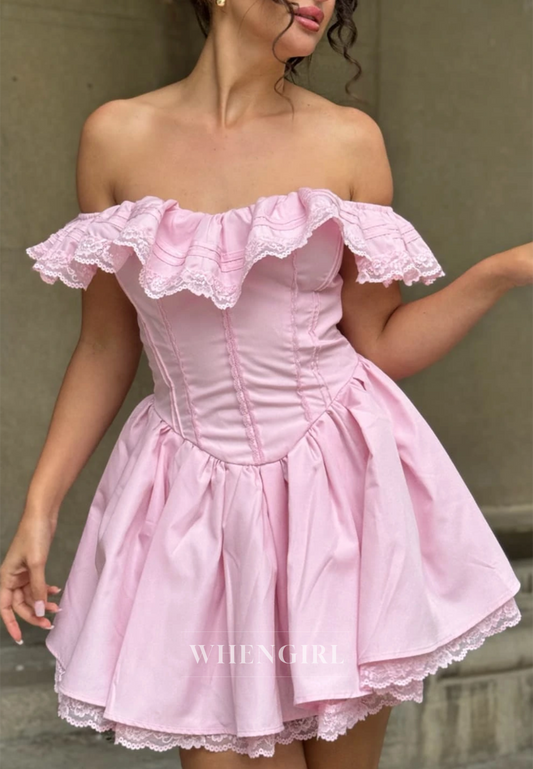 Pale Blush Off Shoulder A-Line Graduation Party Gown Homecoming Dress