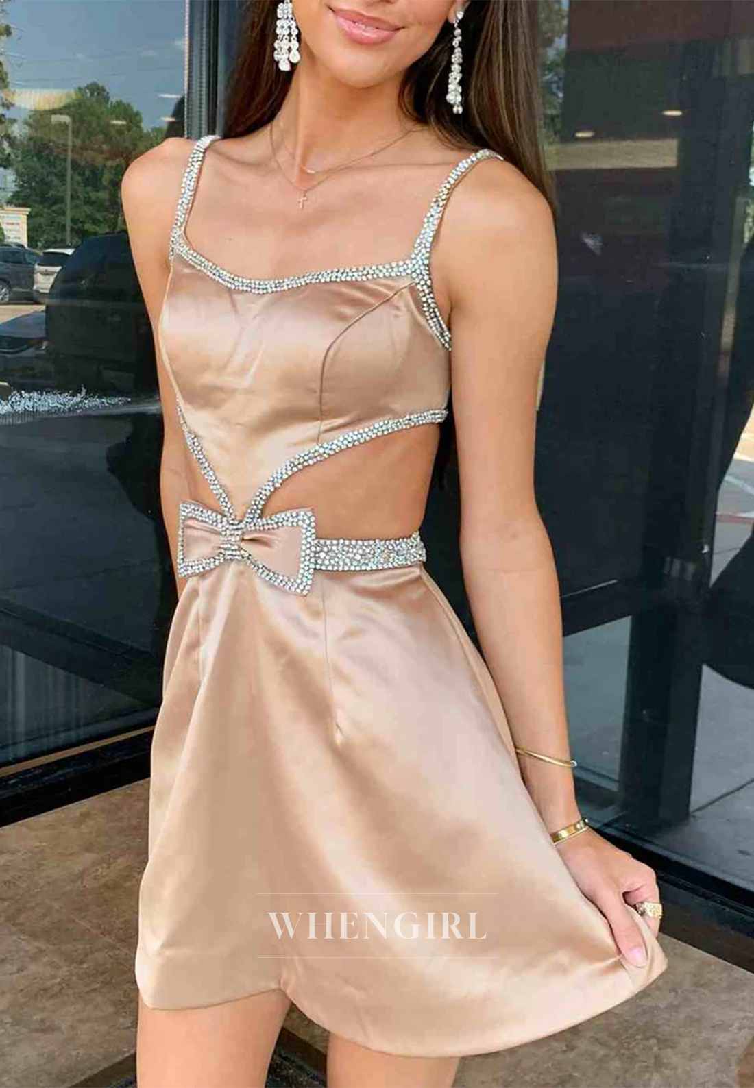 A-Line Cut Out Sleeveless Square Neck Beaded Bowknot Satin Homecoming Dress