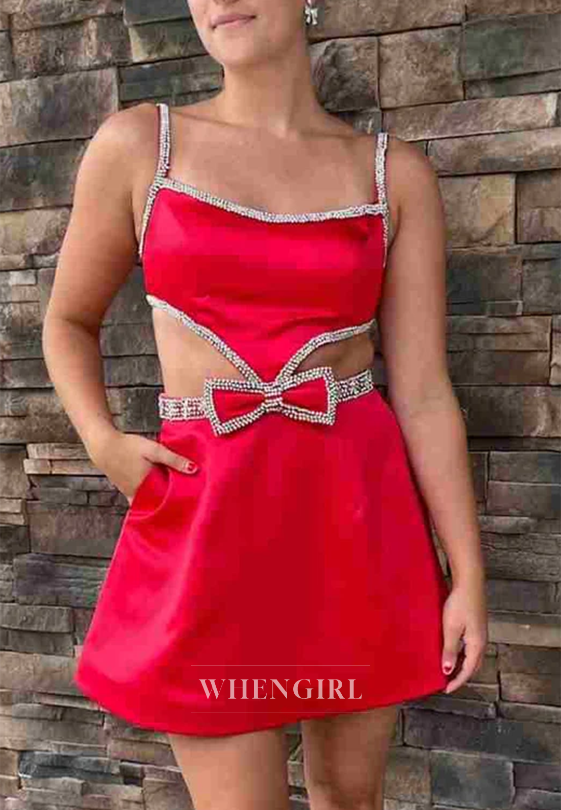 A-Line Cut Out Sleeveless Square Neck Beaded Bowknot Satin Homecoming Dress