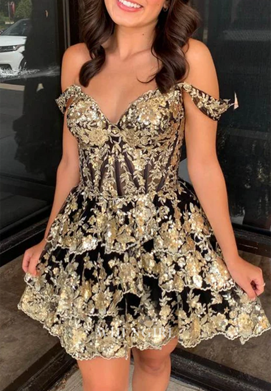 A-Line Off Shoulder Multi Tiered Back Zipper Sweetheart Homecoming Dress