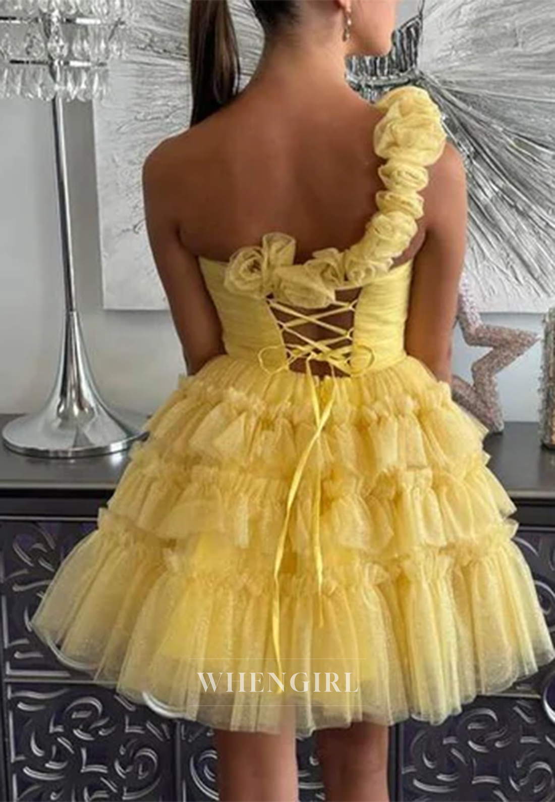 A-Line Tulle Multi Tiered V Neck Cut Out One Shoulder 3D Flowers Lace Up Sleeveless Homecoming Dress