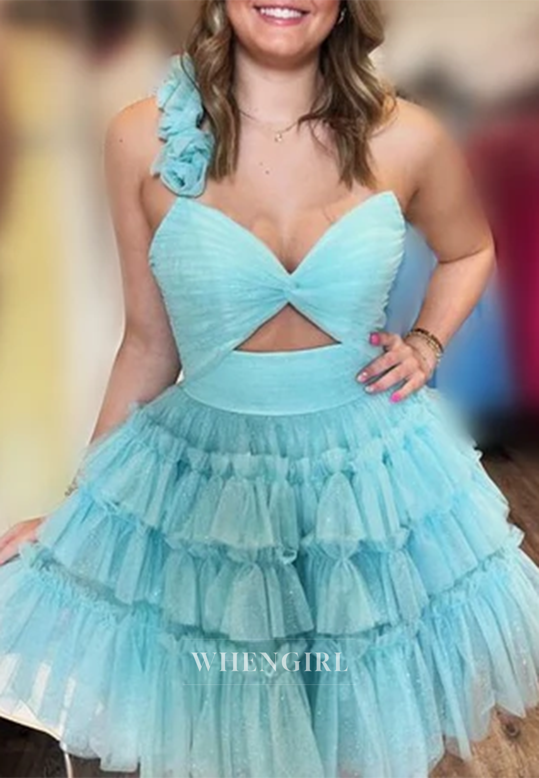 A-Line Tulle Multi Tiered V Neck Cut Out One Shoulder 3D Flowers Lace Up Sleeveless Homecoming Dress