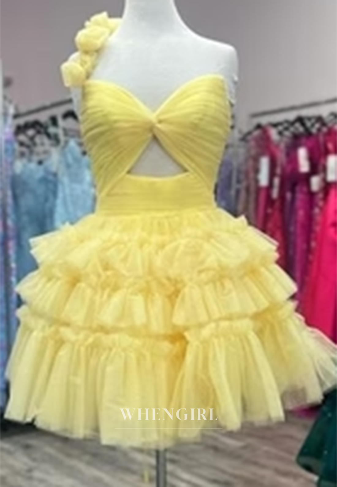 A-Line Tulle Multi Tiered V Neck Cut Out One Shoulder 3D Flowers Lace Up Sleeveless Homecoming Dress