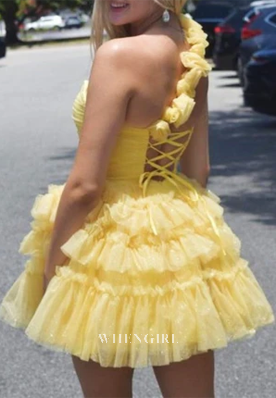 A-Line Tulle Multi Tiered V Neck Cut Out One Shoulder 3D Flowers Lace Up Sleeveless Homecoming Dress