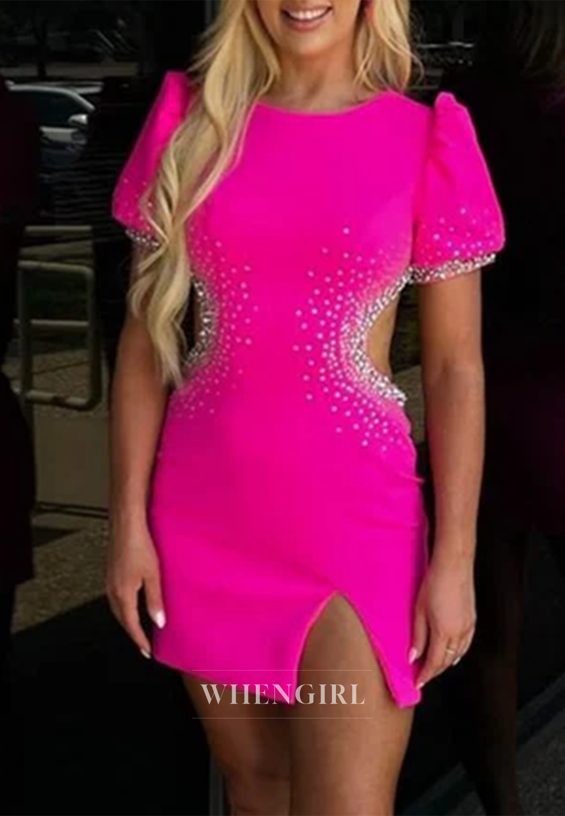 Sheath Bateau Neck Short Puff Sleeves Cut Out Side Slit Back Zipper Homecoming Dress