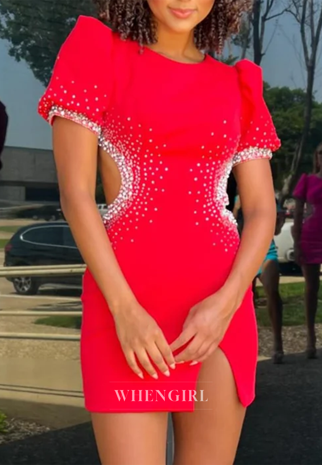 Sheath Bateau Neck Short Puff Sleeves Cut Out Side Slit Back Zipper Homecoming Dress