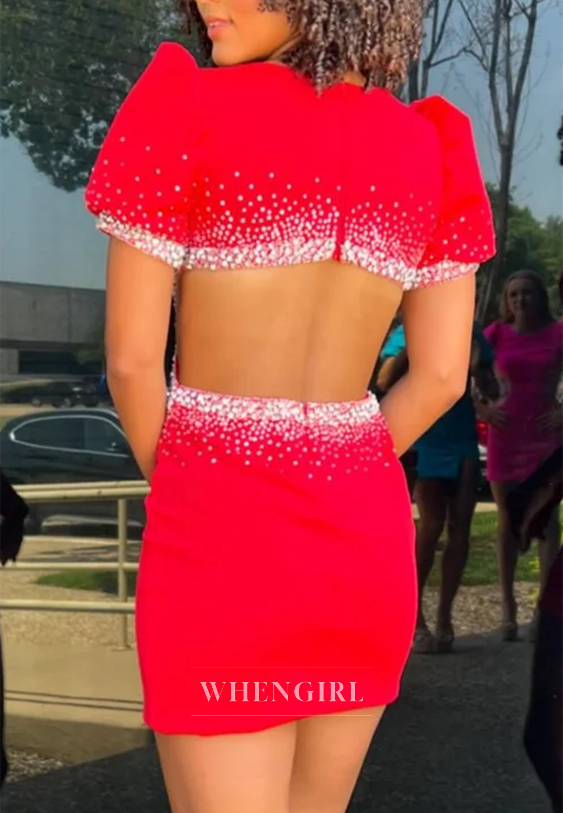 Sheath Bateau Neck Short Puff Sleeves Cut Out Side Slit Back Zipper Homecoming Dress