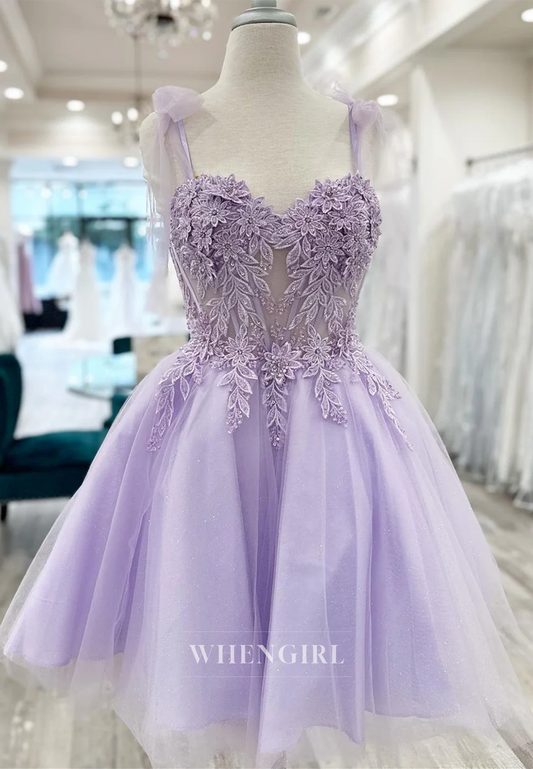 Lilac Appliqued Sweetheart Sleeveless A-Line Tulle Back Zipper Homecoming Dress