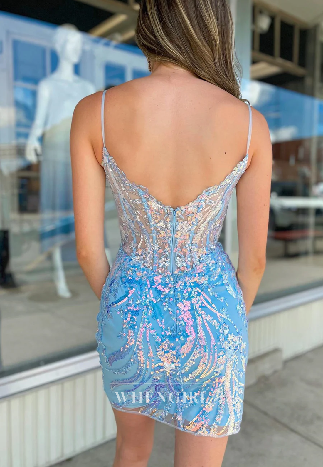 Sheath Sweetheart Sequins Spaghetti Straps Sleeveless Back Zipper Homecoming Dress