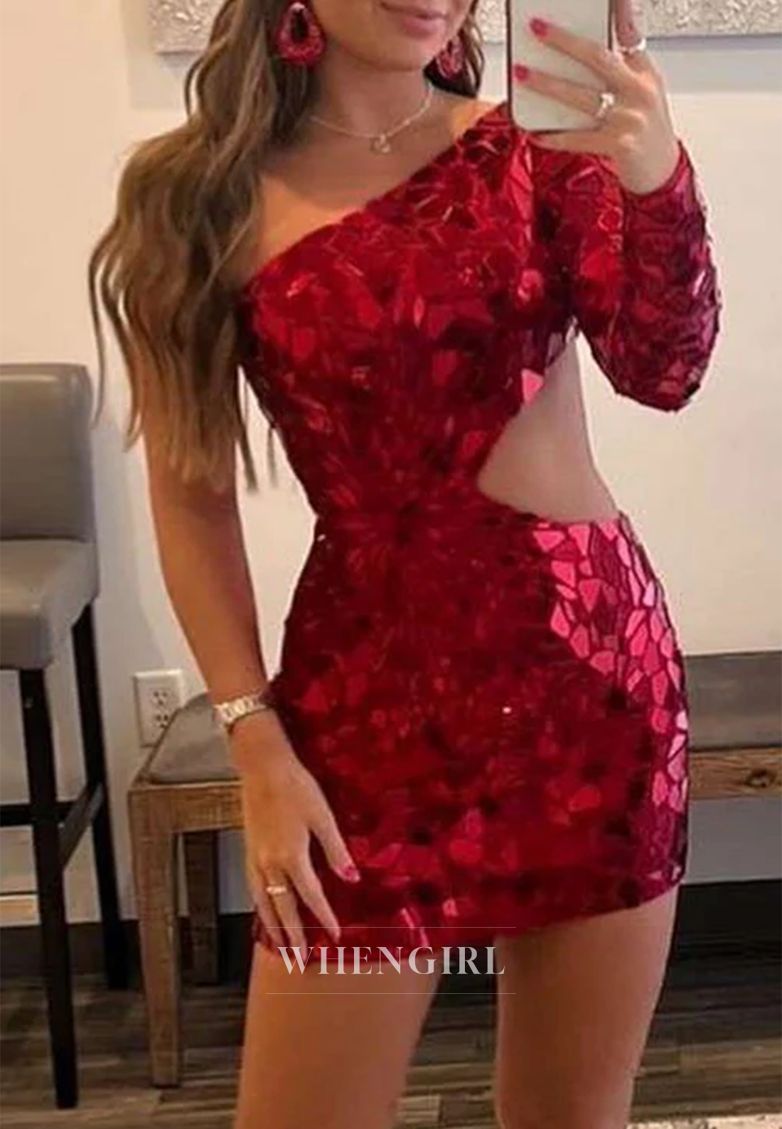 One Shoulder Cut Glass Mirro Cut Out Sheath Single Long Sleeve Homecoming Dress