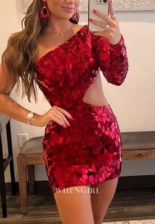One Shoulder Cut Glass Mirro Cut Out Sheath Single Long Sleeve Homecoming Dress