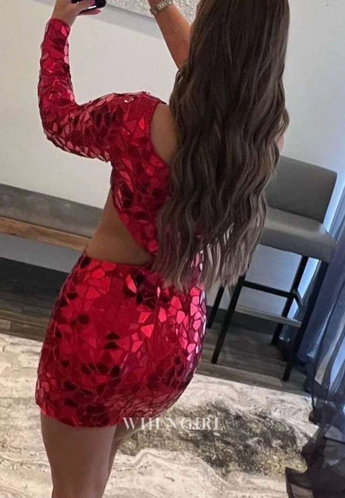 One Shoulder Cut Glass Mirro Cut Out Sheath Single Long Sleeve Homecoming Dress