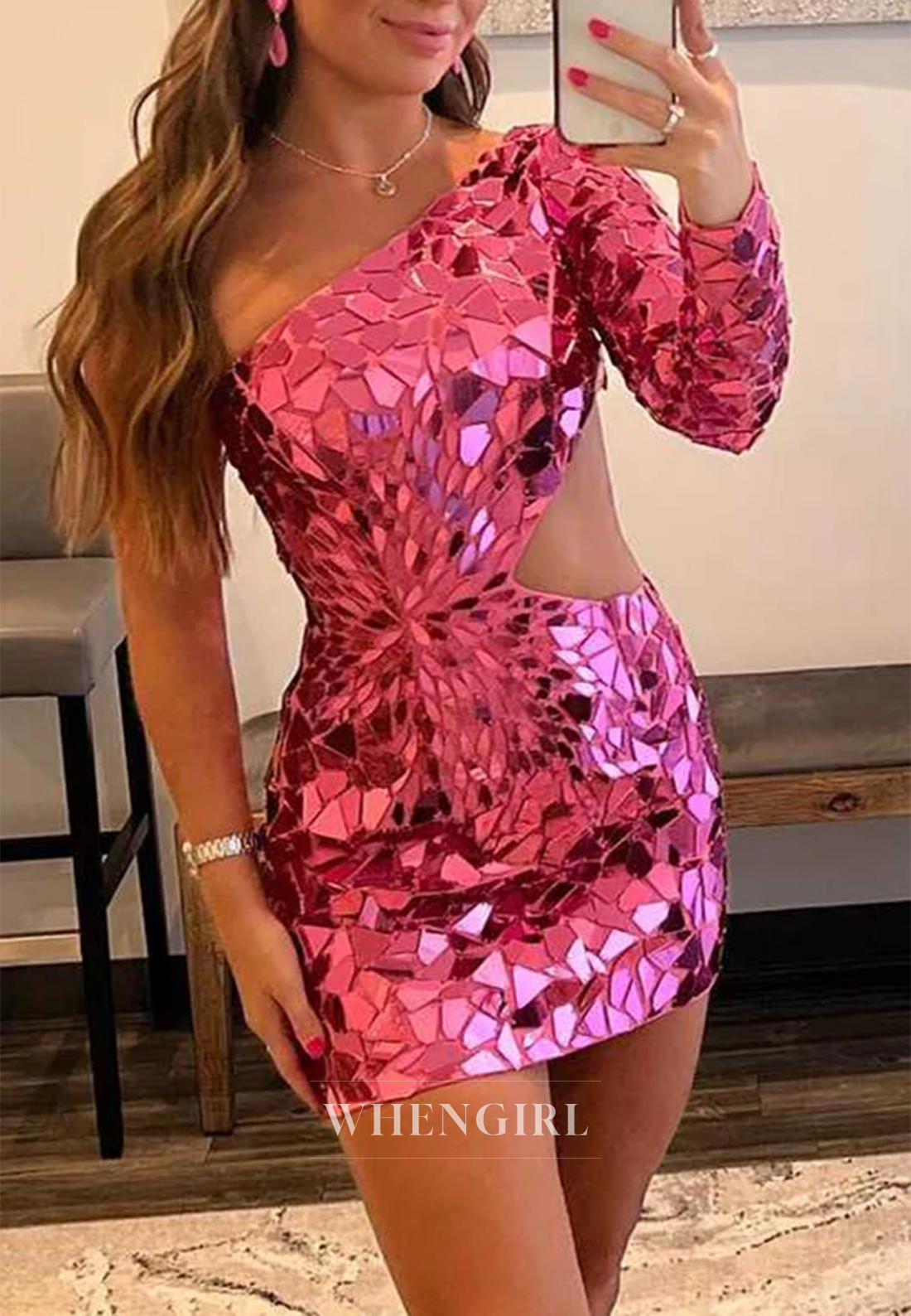 One Shoulder Cut Glass Mirro Cut Out Sheath Single Long Sleeve Homecoming Dress