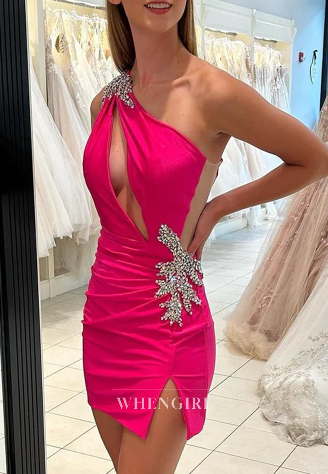Sheath Pleated Sleeveless Cut Out One Shoulder Side Slit Back Zipper Homecoming Dress