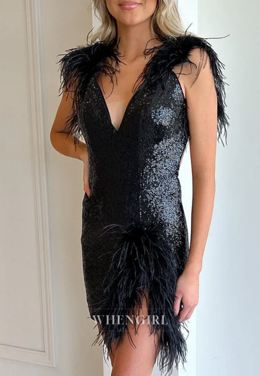 Black Sheath V Neck Sleeveless Feather Side Slit Backless Homecoming Dress
