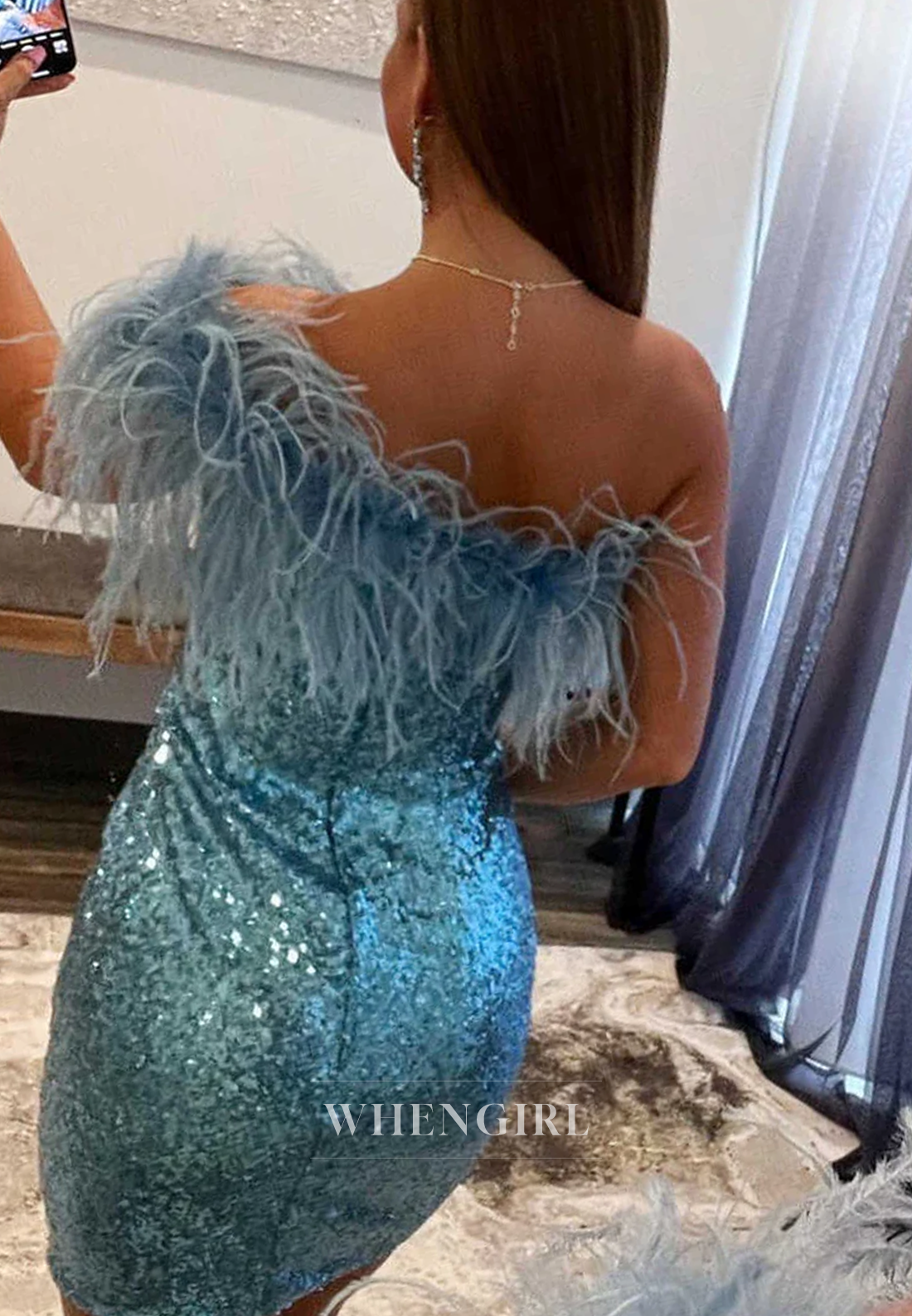 Sheath Sleeveless Feather One Shoulder Sequins Back Zipper Homecoming Dress