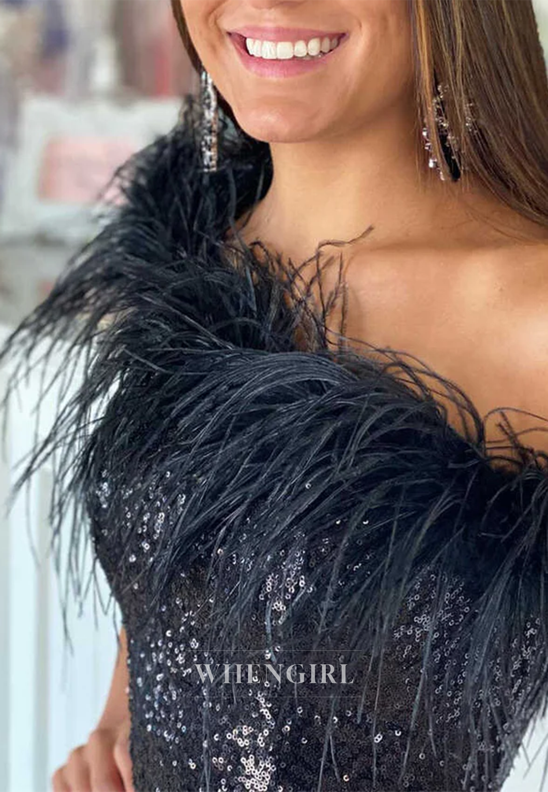 Sheath Sleeveless Feather One Shoulder Sequins Back Zipper Homecoming Dress