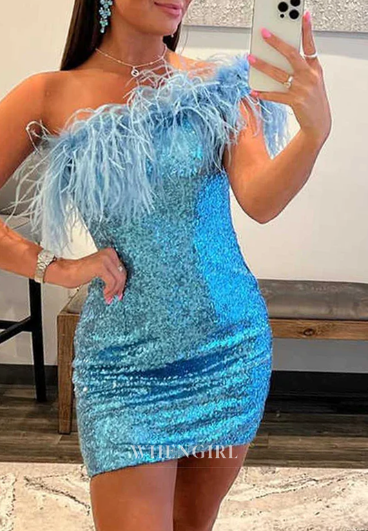Sheath Sleeveless Feather One Shoulder Sequins Back Zipper Homecoming Dress
