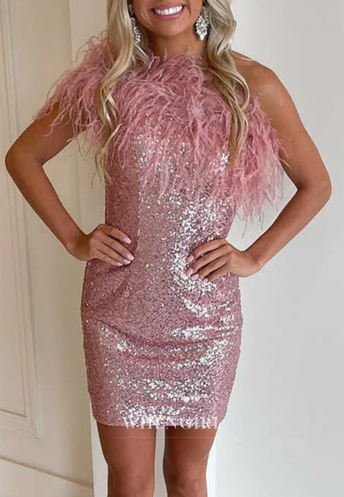 Sheath Sleeveless Feather One Shoulder Sequins Back Zipper Homecoming Dress