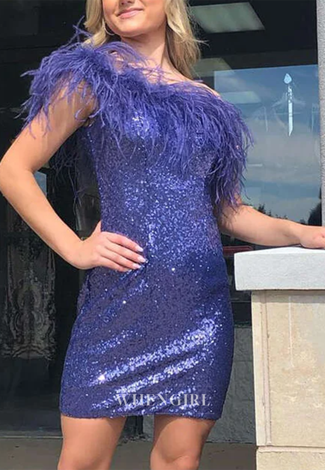 Sheath Sleeveless Feather One Shoulder Sequins Back Zipper Homecoming Dress